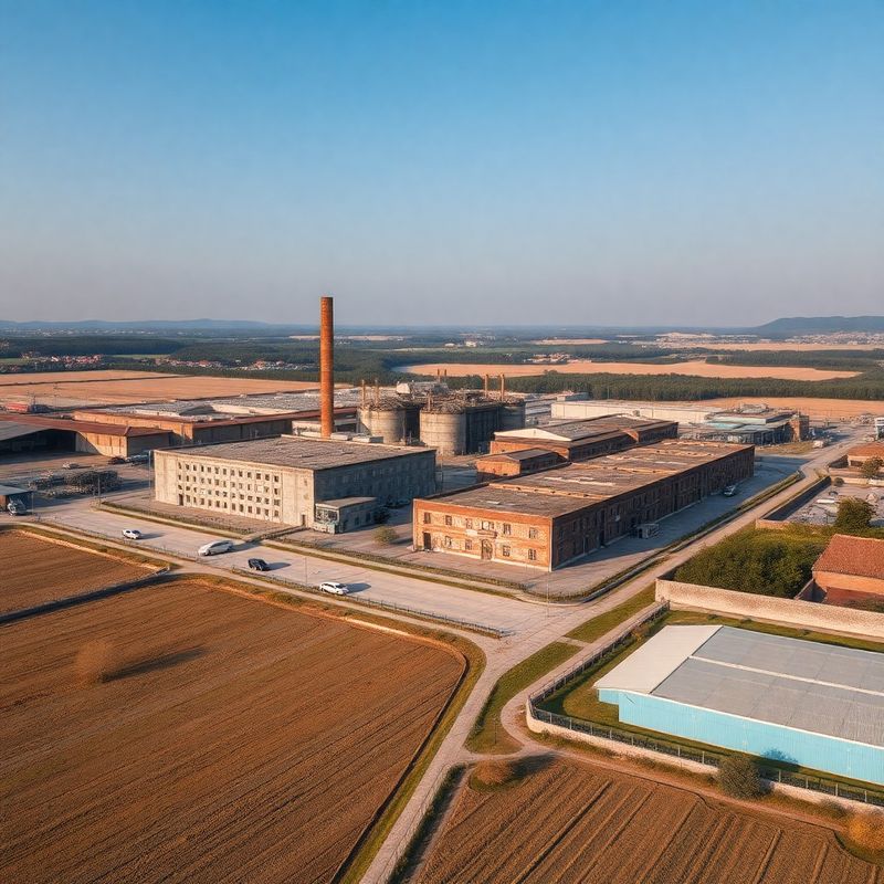 Aerofotografija industrijske zone u Slavoniji s praznim tvorničkim halama uz polja