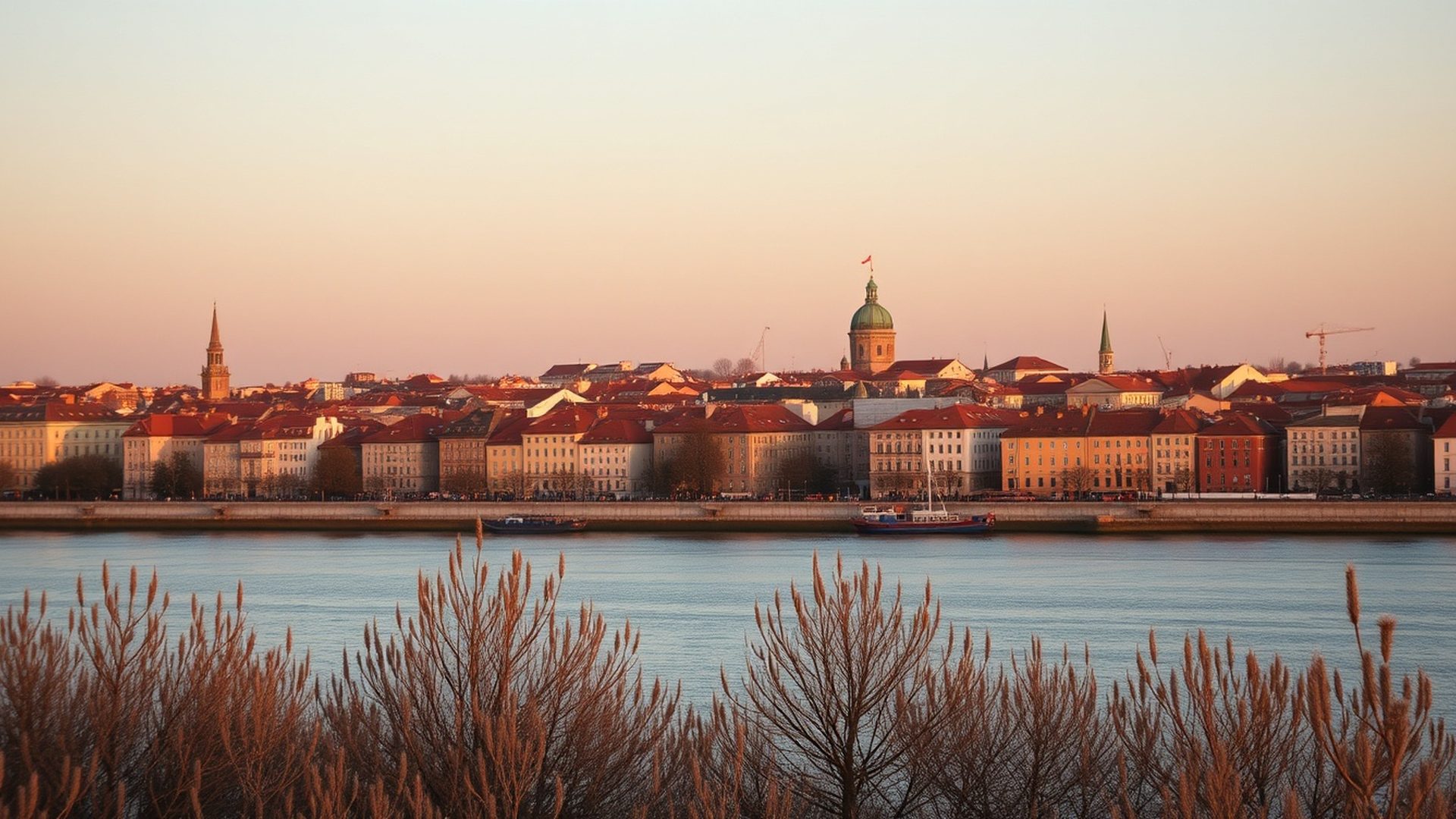 Panorama Osijeka uz rijeku Dravu u ranim jutarnjim satima